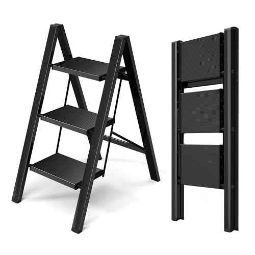 HillhutApex 3 Step Ladder, Lightweight Portable 3 Step Stool with Anti-Slip Wide Pedal, 330lbs Capacity Aluminum Ladder for Household,Office,Kitchen(Black) - color: Black, size: 3 Step