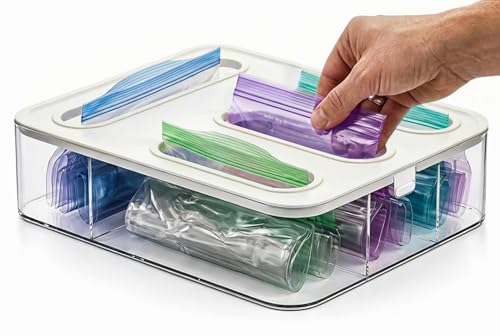 HIMUS Food Storage Bag Organizer - 4 in 1 Plastic Baggie Organizer for Drawer | Compatible with Sandwich, Snack, Gallon, Quart & Slider | Plastic Bag Organizers Kitchen Storage| Wall & Drawer Mount - color: White/Clear