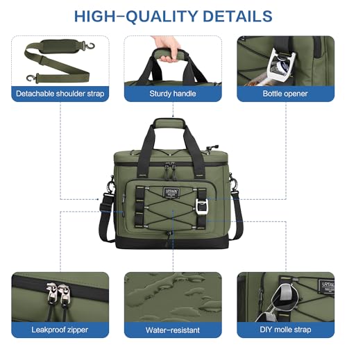 Large Insulated Cooler Bag, 50 Can Soft Sided Collapsible Ice Chest for Camping, Travel, Grocery, Kayaking & Beach (Waterproof, Leak-Proof, 30L) - color: Army Green