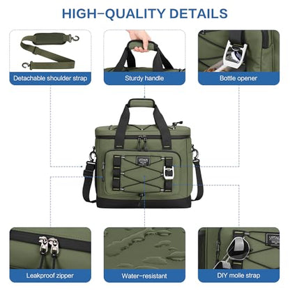 Large Insulated Cooler Bag, 50 Can Soft Sided Collapsible Ice Chest for Camping, Travel, Grocery, Kayaking & Beach (Waterproof, Leak-Proof, 30L) - color: Army Green