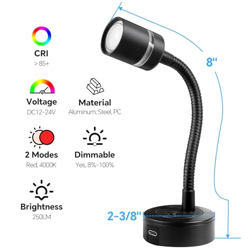 acegoo 12V LED Reading Light, RV Dimmable Reading Lamp with 20W USB-C Charger Red Nightlight & Steel Flexible Neck Light for Boat Camper Van Trailer Interior, Surface Mount, 2-Pack (Standard)