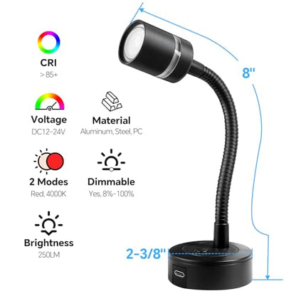 acegoo 12V LED Reading Light, RV Dimmable Reading Lamp with 20W USB-C Charger Red Nightlight & Steel Flexible Neck Light for Boat Camper Van Trailer Interior, Surface Mount, 2-Pack (Standard)