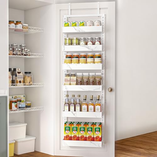 BUKFEN 6-Tier Over the Door Pantry Organizer, 2-in-1 Door Hanging or Wall Mounted Spice Rack, Heavy Duty Metal Storage Shelves with Adjustable Baskets for Kitchen Bathroom Closet, 1 Pack - color: White pole marble color, size: 6 Tier