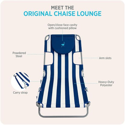 Ostrich Beach Lounge Chair, Folding & Reclining Outdoor Chaise Lounger, Blue/White Striped - Portable Adjustable Recliner Chair for Lawn, Pool, Patio, Garden, and Yard - color: Striped, style: Standard Chaise