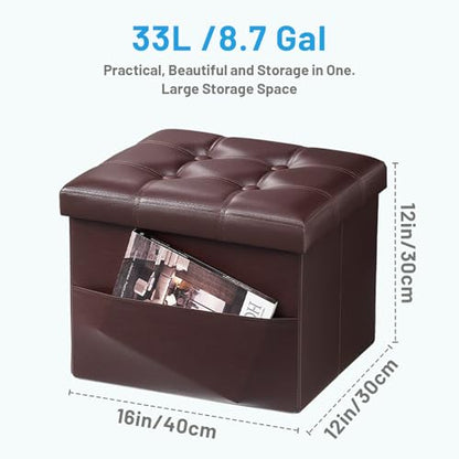Bsketa Storage Ottoman Foot Rest Stool, Small Leather Storage Ottomans Bench, Folding Footstool with Side Pockets, Foot Rest Under Desk for Living Room Bedroom, 16x12x12 in, Brown 2 Pack - color: Brown 2 Pack-with Side Pockets.