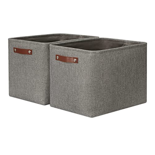 DULLEMELO Grey Storage Baskets for Organizing 2 Pack 16"x12"x12" Fabric Shelf Baskets for Gifts Empty Large Storage Organizer for Closet,Clothes,Toys,Bedroom (Grey) - color: Grey-Leather Handles, size: Large-16"x12"x12"