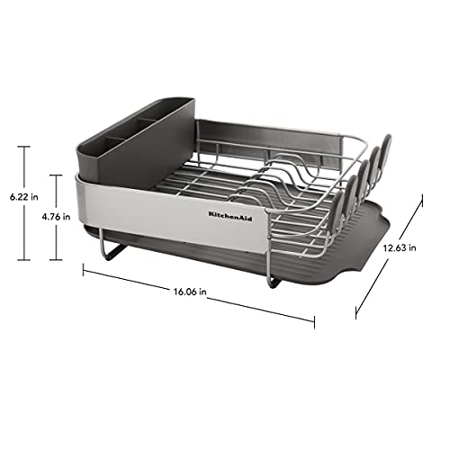 KitchenAid Compact, Space Saving Rust Resistant Dish Rack, with Angled Self Draining Drain Board and Removable Flatware Caddy, 16.06-Inch, Gray