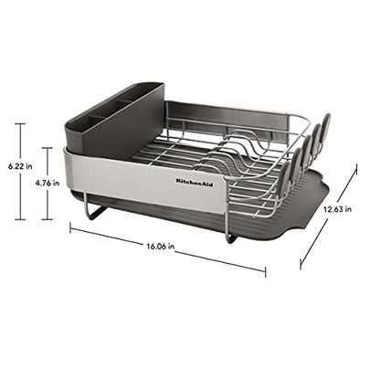 KitchenAid Compact, Space Saving Rust Resistant Dish Rack, with Angled Self Draining Drain Board and Removable Flatware Caddy, 16.06-Inch, Gray