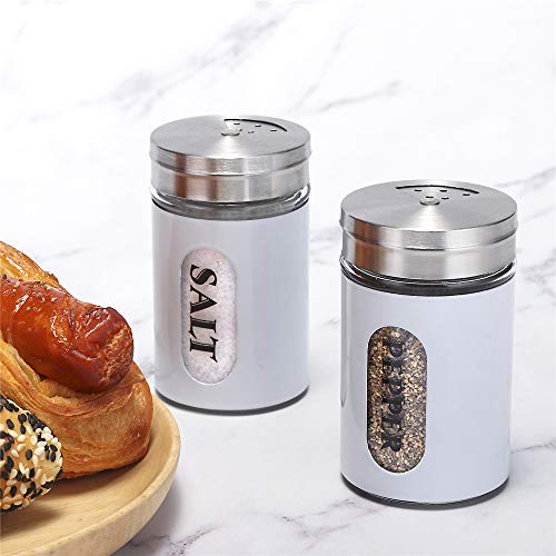 Salt and Pepper Shakers Stainless Steel and Glass Set with Adjustable Pour Holes - color: Stainless Steel,White