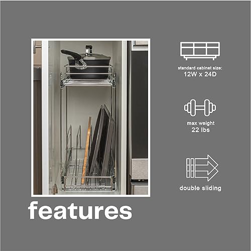 Household Essentials Glidez Multipurpose Chrome-Plated Steel Pull-Out/Slide-Out Dual-Sliding Storage Organizer for Cookware and Bakeware - 2-Tier Design - Fits Standard Size Cabinet or Shelf, Chrome - size: 9" - Extended, style: Dual Slide