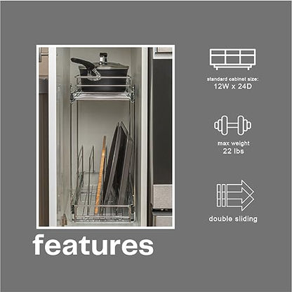 Household Essentials Glidez Multipurpose Chrome-Plated Steel Pull-Out/Slide-Out Dual-Sliding Storage Organizer for Cookware and Bakeware - 2-Tier Design - Fits Standard Size Cabinet or Shelf, Chrome - size: 9" - Extended, style: Dual Slide