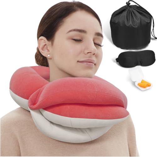 BUYUE Travel Neck Pillows for Airplanes, Memory Foam 360° Head Support Sleep for Long Flight, Skin-Friendly & Breathable, Kit with Eye Mask, Earplugs and Storage Bag (Adult, Pink, 90+ lbs) - color: Pink, size: Adult