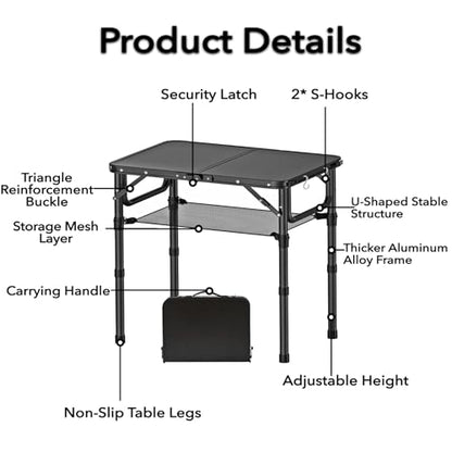 YihuiKo Small Folding Camping Table with Storage Net, 3 Adjustable Heights Foldable Table Lightweight & Portable with Carry Handle for Outdoor Indoor, Pure Black - size: 16"D x 24"W x 27.5"H, style: Pure Black