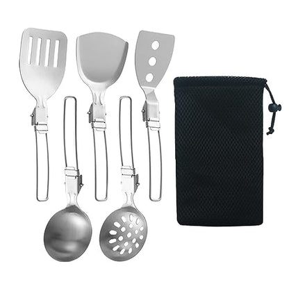 Esquirla 6Pcs Camp Cooking Utensil Set,Outdoor Kitchen Gear, Foldable Cooking Organizer Metal Camping Kitchen Utensil Set, Cookware Kit for Camp RV, BBQ