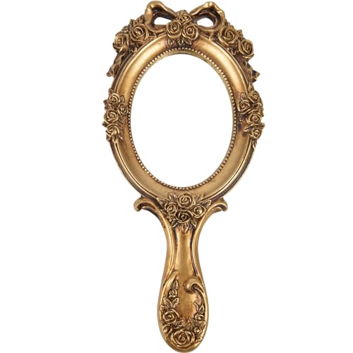 Nerien Vintage Handheld Mirror, Vanity Makeup Mirror with Handle, Antique Embossed Rose Princess Hand Mirror for Women, Portable Travel Packet Compact Mirrors, Decorative Cosmetic Handle Mirrors, Gold - color: Vintage Gold