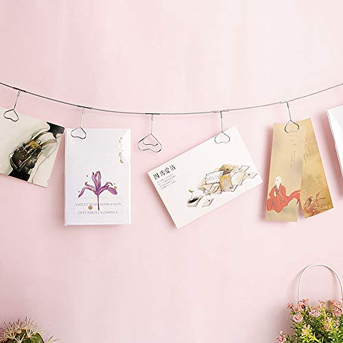 TFu Multi-Purpose Steel Wall Hanging Photo Display Cable Wire Rod String with 12 Clips for Hanging Photos Notes and Artworks (Heart Shape Clip) - size: Heart shape clip