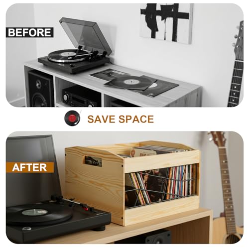 Covzoe Vinyl Record Storage Crate, Wooden Album Holder with Handle, Holds up to 70+ Albums, Natural Cube CD Albums Shelf Organize Box, File Organizer Rack for Desktop, Home, Office