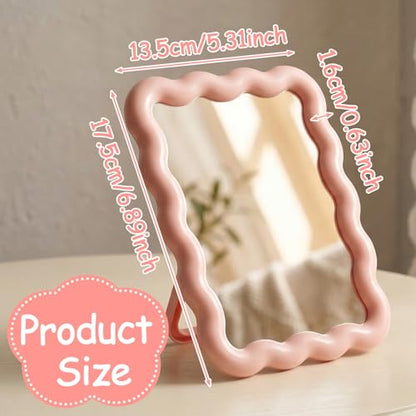 Pink Mirror, 6.9 * 5.3 Inch Small Mirror for Desk, Wave Shaped Personal Mirrors, Portable Folding Mirrors for Standing Hanging for Women, Offices and Bedrooms