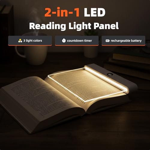 Book Light, Rechargeable LED Reading Light - Ultra-Thin Flat Bedside Lamp, 3 Color Clip on Lights, Suitable for Reading at Night in Bed