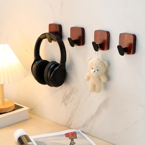 DELITON Acacia Wooden Towel Hooks Red Brown, 4 Pack Sticky Hooks for Hanging Towels, Coat, Hat, Robe, Heavy Duty, No Damage - color: Brown