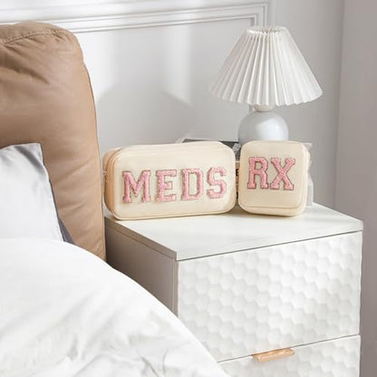 2Pcs Chenille Letter Patch Nylon Medicine Makeup Bag Set,Cute MEDS Travel Makeup Bag with Metal Zipper, First Aid Purse Organizer Cosmetic Bag for Women and Girls(Beige MEDS-RX) - color: Beige MEDS-RX