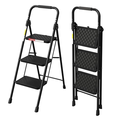 HBTower 3 Step Ladder, Folding Step Stool with Wide Anti-Slip Pedal, Step Stool Foldable with Cushioned Handle for Home and Kitchen, Black