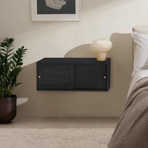 mopio Lauren Floating TV Shelf, Multi-Purpose Modular Under TV Display Shelf, Wall Mounted Wood Television Cabinet, Nightstand, Side Table, End Table, Bedside Shelves for Bedroom (Black, 31", Single) - color: Black, size: Single