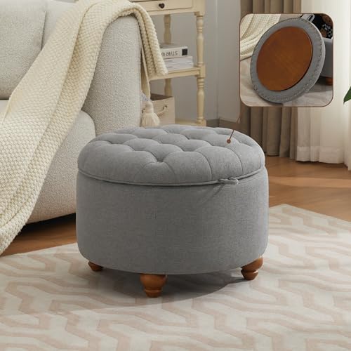 WUTUTUEE 24Inch Round Storage Ottoman with Tray, Modern Tufted Fabric Circle Coffee Table with Storage, Upholstered Ottoman with Removable Top for Living Room, Bedroom, Light Grey - color: Light Grey, size: 24 Inch