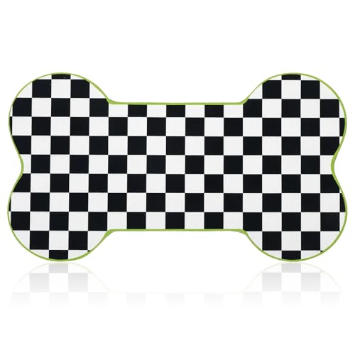 Yookeer Black and White Pup Placemat Check Plaid Cute Pet Food Mat for Dog Bowls and Cat Bowls Gift Decorations Buffalo Plaid Bone Shaped Dog Place Mat Spring Pet Accessories Supplies, 14 x 24 Inch