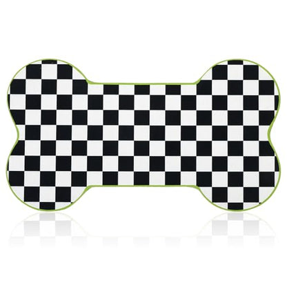 Yookeer Black and White Pup Placemat Check Plaid Cute Pet Food Mat for Dog Bowls and Cat Bowls Gift Decorations Buffalo Plaid Bone Shaped Dog Place Mat Spring Pet Accessories Supplies, 14 x 24 Inch