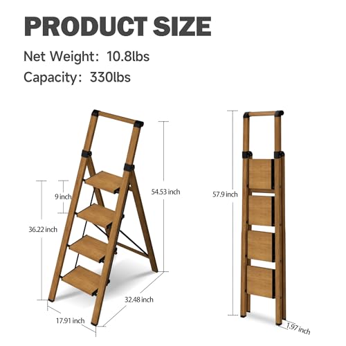 4 Step Ladder,Lightweight Folding Step Stool with Aluminum Wide Pedal& Convenient Handgrip,330lbs Capacity Steel Ladder for Household and Office(Woodgrain) - color: Woodgrain, size: 4 Step