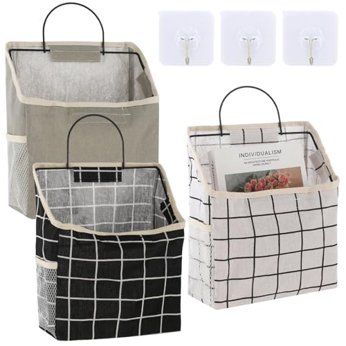 OMISTAR 3 Pcs Fabric Wall Hanging Storage Caddy Bag, Small Wall Mount Bedroom Organizer, 8.9 x 3.9 x 7.5 in Organizer Storage Bag, with Adhesive Hooks, Grey Black White Plaid
