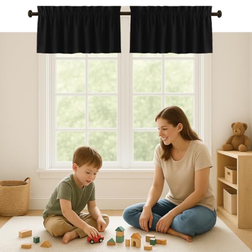 Black Valance Curtains 2 Pack, 54x18 Inches, 100% Cotton, Rod Pocket Window Valances, Semi Sheer Short Curtain Panel for Kitchen, Farmhouse, Café, Bedroom, Bathroom, Living Room Décor - color: Black, size: 18"W x 54"L (Pack of 2)