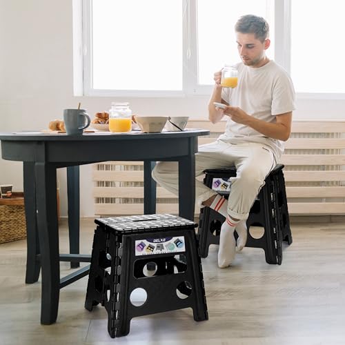 Delxo Folding Step Stool, 13 inch Non-Slip Foldable Stools Up to 300 LBS, Step Stool with Handle, Lightweight for Kitchen, Bathroom, Bedroom, Garden, Black, 1PC - color: Black, size: 13 Inch