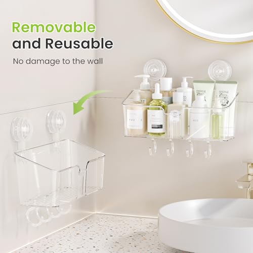 LUXEAR Shower Caddy Suction Cup, No Drilling Strong Hold Shower Organizer with Hooks & Soap Dish Fast Draining Removable Reusable Bathroom Storage Shelf Friendly for Bathroom/Kitchen/RV 22LBS Capacity - color: Clear