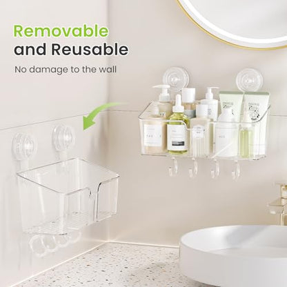 LUXEAR Shower Caddy Suction Cup, No Drilling Strong Hold Shower Organizer with Hooks & Soap Dish Fast Draining Removable Reusable Bathroom Storage Shelf Friendly for Bathroom/Kitchen/RV 22LBS Capacity - color: Clear