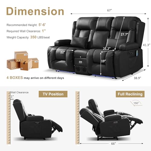 URRED Power Loveseat Recliner Sofa with Massage and Heat, Wall Hugger Reclining Loveseat with Console, RV Couch Home Theater Seating with LED Lights for Living Room (Black, 67" - 2 Seats) - color: Black, size: 67" - 2 Seats