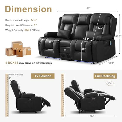 URRED Power Loveseat Recliner Sofa with Massage and Heat, Wall Hugger Reclining Loveseat with Console, RV Couch Home Theater Seating with LED Lights for Living Room (Black, 67" - 2 Seats) - color: Black, size: 67" - 2 Seats