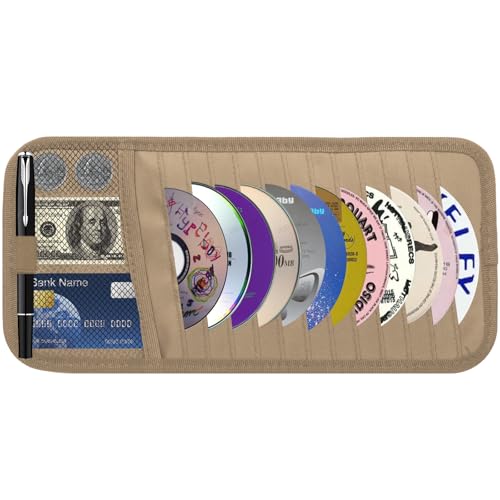 Car CD & DVD Holder - Large Capacity CD Visor Case, Vehicle Visor Storage Organizer with 12 Disc Sleeves, 1 Mesh Pocket 1 Pen Holder and & Elastic Band (Khaki) - color: khaki
