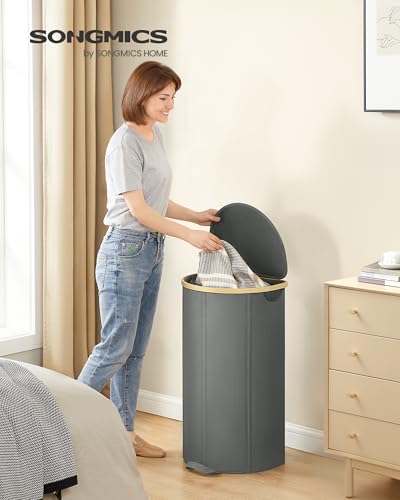 SONGMICS Laundry Hamper, Laundry Basket with Lid, 23.8 Gal. (90 L), with Removable Liner Bag, for Laundry Room, Bedroom, Living Room, Slate Gray and Light Bamboo ULCB547G01 - color: Slate Gray, size: 90 L (1-Section with Half Moon)