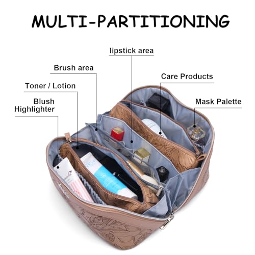 BOYATU Travel Makeup Bags Cosmetic Organizer Bag: 3-Set Large Capacity Make up Bag - PU Leather Toiletry Bags for Women - Wide Open Portable Pouch with Divider & Handle (01-Z-Brown) - color: 01-Z-Brown