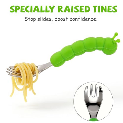 Toddler Utensils, Stainless Steel Baby Forks and Spoons Set Caterpillar Silicone Handle, Kids Silverware with Portable Storage Case, Baby Feeding Essentials, Dishwasher Safe (Green) - color: Green