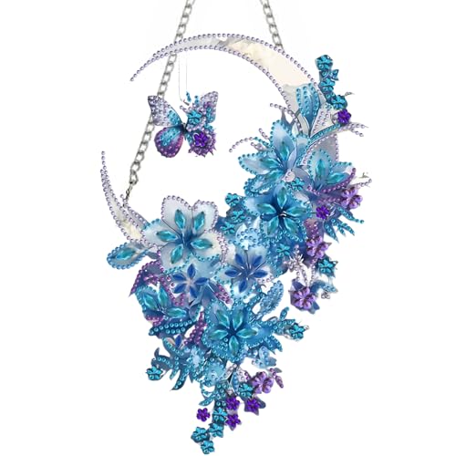 STGLCR Hanging Diamond Art Kits for Adults Pendant Moon, Special Shaped Crystal DIY Flower Diamond Painting Kit for Begginer, Acrylic Board Foral Moon Pendants for Home Decor 11.92 Inch Butterfly Blue - color: Butterfly Blue Flower