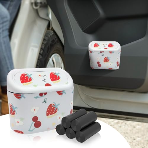 Mini Car Trash Bin with Lid – Automotive Garbage Can with 5 Trash Bags, Waterproof & Leakproof Vehicle Interior Waste Box for Car, Office, Home (White) - color: White