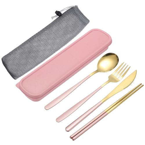 uxcell Travel Utensils with Case, Stainless Steel Portable Silverware, Pink/Gold - color: Pink/Gold