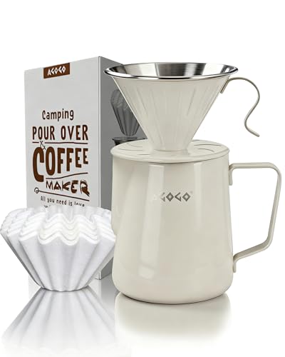 AGOGO Pour Over Coffee Maker Set - Unbreakable 304 Stainless Steel V60 Dripper & Server for Camping & Party, Includes 50 Paper Filters & Barista Towel - Cream White - 30oz - color: A03-Cream, size: 30oz / 900ml (Full Set)