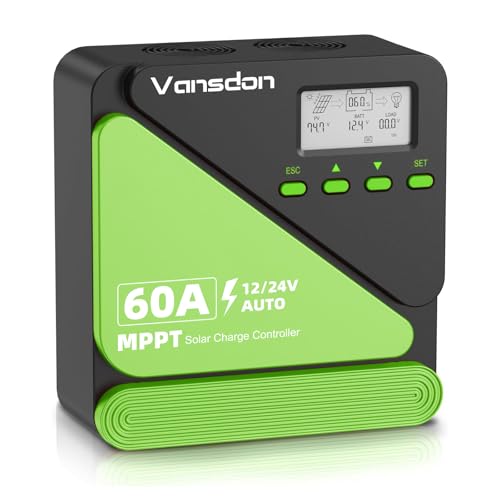 Vansdon 60A Solar Charge Controller 12V/24V MPPT Solar Charge Controller, Adjustable LCD with Timer, Dual USB Ports, for RV, Boat, Cabin, Off-Grid Systems, Compatible with FLD/LiFePO4/SLD/GEL/AGM - color: Pale Green-60