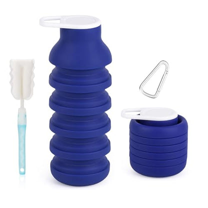 Collapsible Silicone Water Bottle 20oz - Foldable Travel Bottle Leakproof, BPA Free, Space Saving for Gym, Hiking & Travel, Dishwasher Safe(Includes carabiner and cleaning brush),dark blue - color: Darkblue