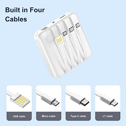 Solar Portable Charger 12000mAh, Small Solar Power Bank, USB C Input/Output External Battery with Built-in 4 Cables, Two-Hand Flashlight, Suitable for iPhone, Tablet Computers and Samsung - color: white