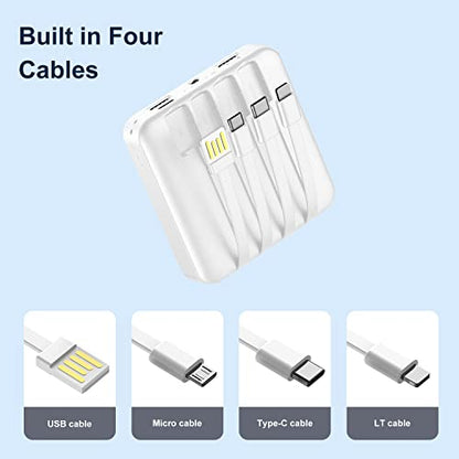 Solar Portable Charger 12000mAh, Small Solar Power Bank, USB C Input/Output External Battery with Built-in 4 Cables, Two-Hand Flashlight, Suitable for iPhone, Tablet Computers and Samsung - color: white